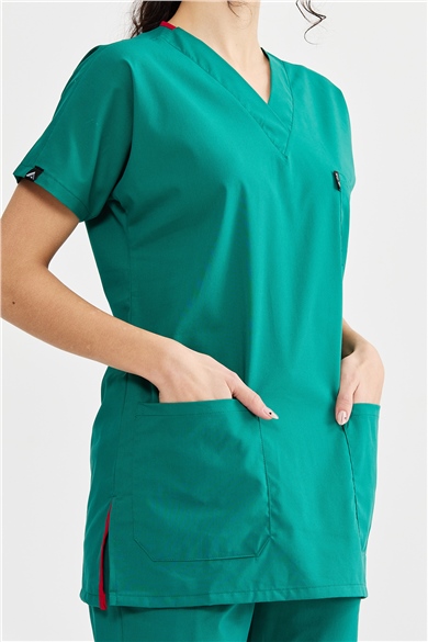 UltraLycra Basic - Likralı Doktor Hemşire Scrubs Tek Üst Cerrahi Forma (UNISEX), Cerrahi Yeşil