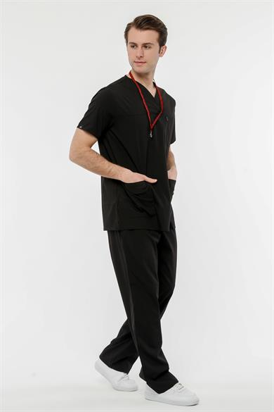 UltraLycra Comfy - Büyük Beden Likralı Doktor Hemşire Forma Takımı (UNISEX), Siyah