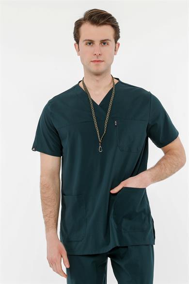 UltraLycra Comfy - Büyük Beden Likralı Doktor Hemşire Tek Üst Cerrahi Forma (UNISEX), Koyu Yeşil