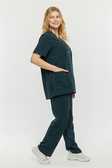 UltraLycra Comfy - Büyük Beden Likralı Doktor Hemşire Forma Takımı (UNISEX), Koyu Yeşil