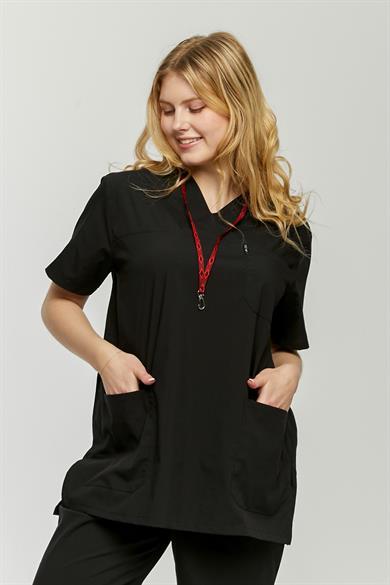 UltraLycra Comfy - Büyük Beden Likralı Doktor Hemşire Forma Takımı (UNISEX), Siyah