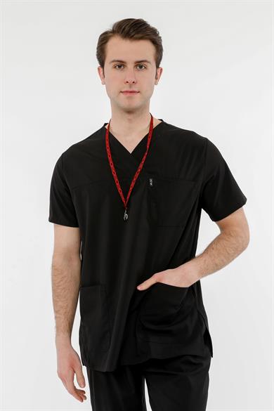 UltraLycra Comfy - Büyük Beden Likralı Doktor Hemşire Tek Üst Cerrahi Forma (UNISEX), Siyah