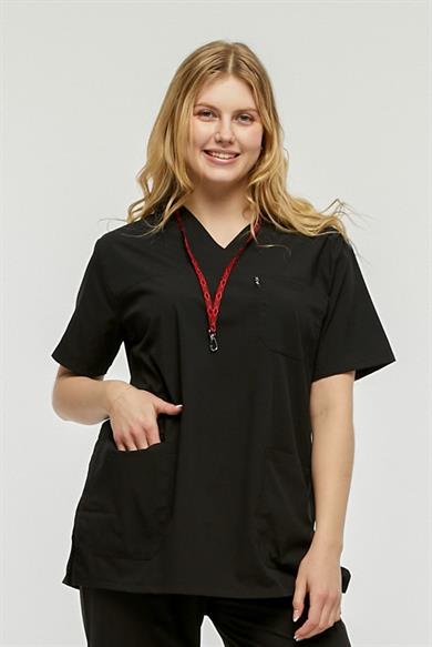 UltraLycra Comfy - Büyük Beden Likralı Doktor Hemşire Tek Üst Cerrahi Forma (UNISEX), Siyah