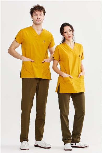 UltraLycra Harmony/Basic - Likralı Doktor Hemşire Forma Takımı Scrubs Üniforma Cerrahi Takım (UNISEX), Safran/Haki