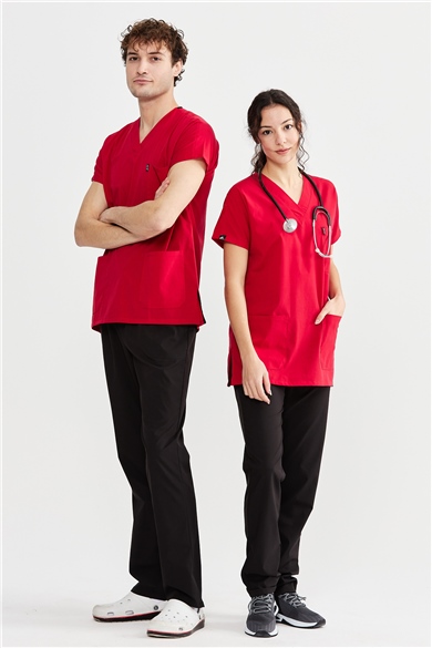 UltraLycra Harmony/Basic - Likralı Doktor Hemşire Forma Takımı Scrubs Üniforma Cerrahi Takım (UNISEX), Kırmızı/Siyah