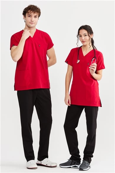 UltraLycra Harmony/Basic - Likralı Doktor Hemşire Forma Takımı Scrubs Üniforma Cerrahi Takım (UNISEX), Kırmızı/Siyah