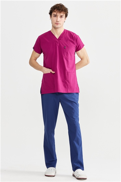UltraLycra Harmony/Basic - Likralı Doktor Hemşire Forma Takımı Scrubs Üniforma Cerrahi Takım (UNISEX), Vişne/Fırtına Mavi