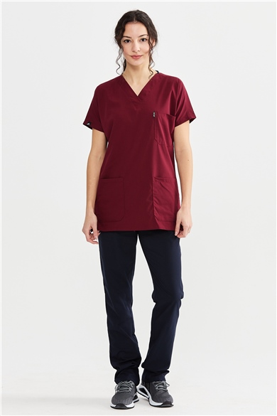 UltraLycra Harmony/Basic - Likralı Doktor Hemşire Forma Takımı Scrubs Üniforma Cerrahi Takım (UNISEX), Bordo/Laci