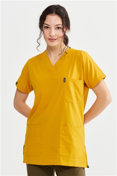 UltraLycra Harmony/Basic - Likralı Doktor Hemşire Forma Takımı Scrubs Üniforma Cerrahi Takım (UNISEX), Safran/Haki
