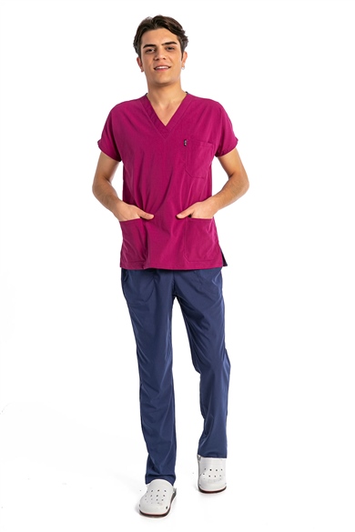 UltraLycra Harmony/Basic - Likralı Doktor Hemşire Forma Takımı, Vişne/Fırtına Mavi