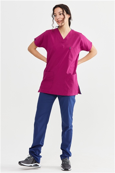 UltraLycra Harmony/Basic - Likralı Doktor Hemşire Forma Takımı Scrubs Üniforma Cerrahi Takım (UNISEX), Vişne/Fırtına Mavi
