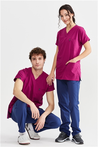 UltraLycra Harmony/Basic - Likralı Doktor Hemşire Forma Takımı Scrubs Üniforma Cerrahi Takım (UNISEX), Vişne/Fırtına Mavi