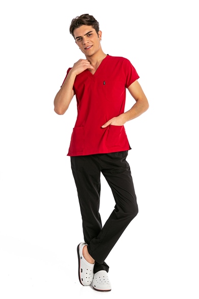 UltraLycra Harmony/Basic - Likralı Doktor Hemşire Forma Takımı, Kırmızı/Siyah