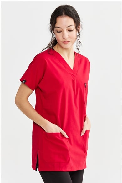 UltraLycra Harmony/Basic - Likralı Doktor Hemşire Forma Takımı Scrubs Üniforma Cerrahi Takım (UNISEX), Kırmızı/Siyah
