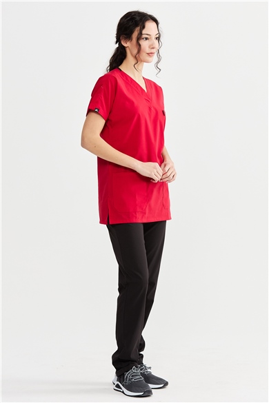 UltraLycra Harmony/Basic - Likralı Doktor Hemşire Forma Takımı Scrubs Üniforma Cerrahi Takım (UNISEX), Kırmızı/Siyah