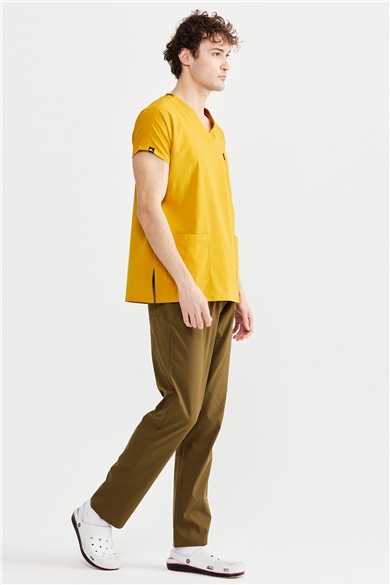 UltraLycra Harmony/Basic - Likralı Doktor Hemşire Forma Takımı Scrubs Üniforma Cerrahi Takım (UNISEX), Safran/Haki