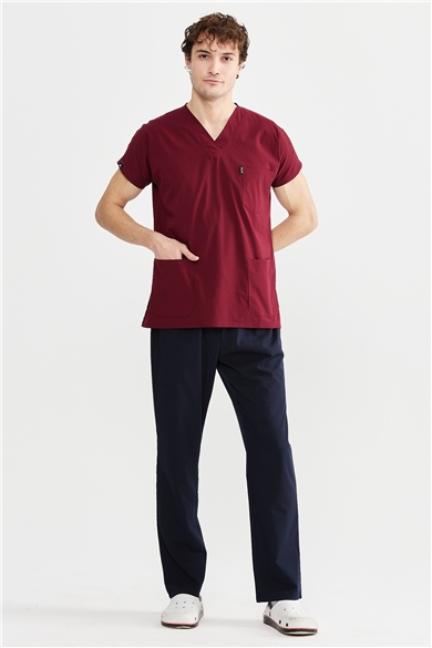 UltraLycra Harmony/Basic - Likralı Doktor Hemşire Forma Takımı Scrubs Üniforma Cerrahi Takım (UNISEX), Bordo/Laci