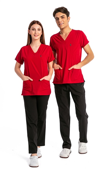 UltraLycra Harmony/Basic - Likralı Doktor Hemşire Forma Takımı, Kırmızı/Siyah