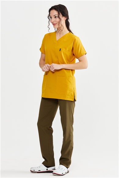 UltraLycra Harmony/Basic - Likralı Doktor Hemşire Forma Takımı Scrubs Üniforma Cerrahi Takım (UNISEX), Safran/Haki