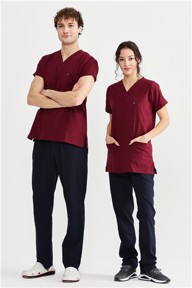 UltraLycra Harmony/Basic - Likralı Doktor Hemşire Forma Takımı Scrubs Üniforma Cerrahi Takım (UNISEX), Bordo/Laci