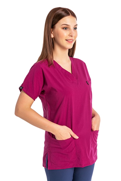 UltraLycra Harmony/Basic - Likralı Doktor Hemşire Forma Takımı, Vişne/Fırtına Mavi