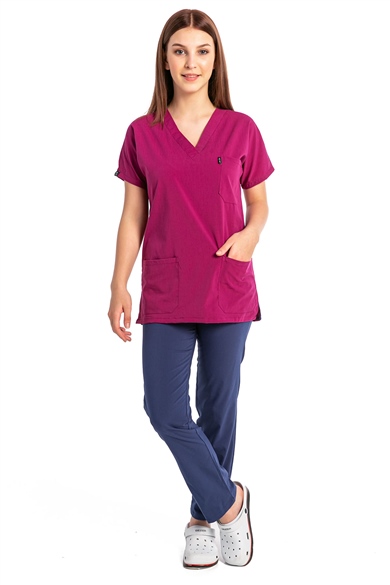 UltraLycra Harmony/Basic - Likralı Doktor Hemşire Forma Takımı, Vişne/Fırtına Mavi