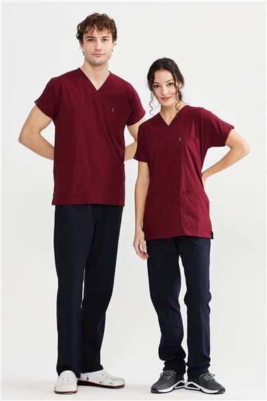 UltraLycra Harmony/Basic - Likralı Doktor Hemşire Forma Takımı Scrubs Üniforma Cerrahi Takım (UNISEX), Bordo/Laci
