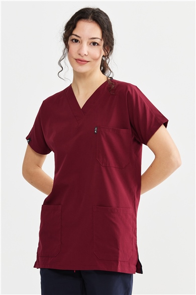 UltraLycra Harmony/Basic - Likralı Doktor Hemşire Forma Takımı Scrubs Üniforma Cerrahi Takım (UNISEX), Bordo/Laci