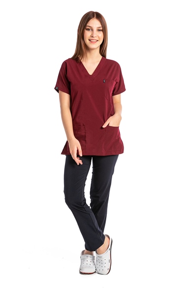 UltraLycra Harmony/Basic - Likralı Doktor Hemşire Forma Takımı, Bordo/Laci
