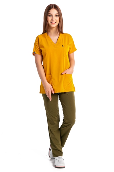 UltraLycra Harmony/Basic - Likralı Doktor Hemşire Forma Takımı, Safran/Haki