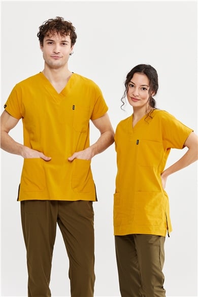 UltraLycra Harmony/Basic - Likralı Doktor Hemşire Forma Takımı Scrubs Üniforma Cerrahi Takım (UNISEX), Safran/Haki