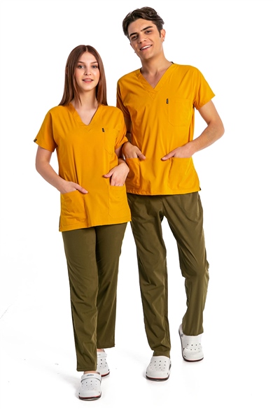 UltraLycra Harmony/Basic - Likralı Doktor Hemşire Forma Takımı, Safran/Haki