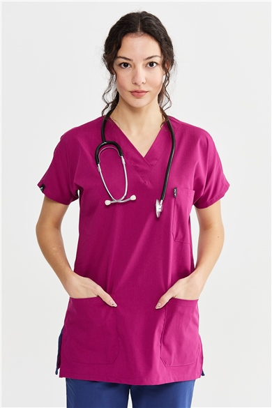 UltraLycra Harmony/Basic - Likralı Doktor Hemşire Forma Takımı Scrubs Üniforma Cerrahi Takım (UNISEX), Vişne/Fırtına Mavi