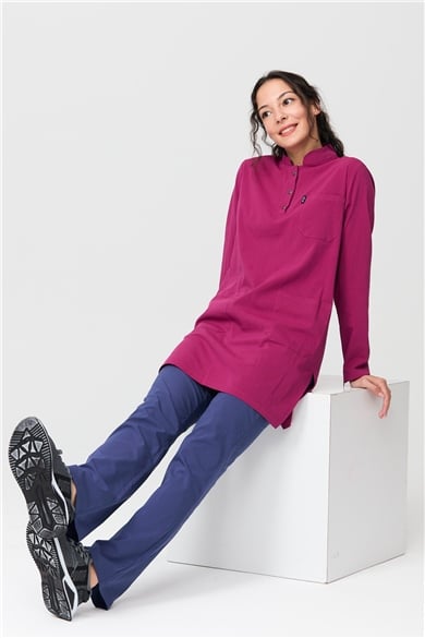 UltraLycra Harmony/Modest - Likralı Doktor Hemşire Tesettür Forma Takımı Scrubs Üniforma Cerrahi Takım, Vişne/Fırtına Mavi