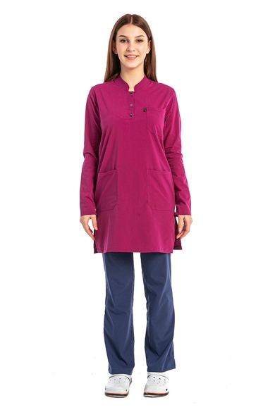 UltraLycra Harmony/Modest - Likralı Doktor Hemşire Tesettür Forma Takımı, Vişne/Fırtına Mavi