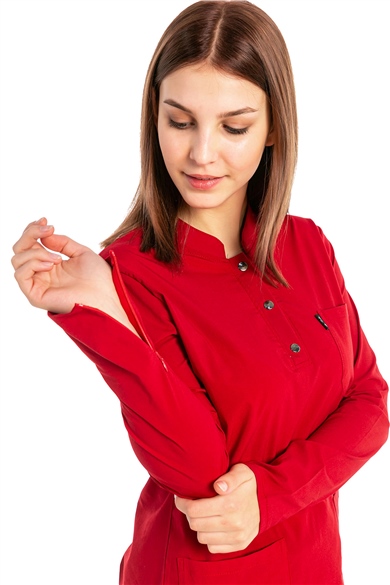 UltraLycra Harmony/Modest - Likralı Doktor Hemşire Tesettür Forma Takımı, Kırmızı/Siyah