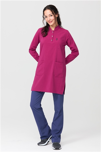 UltraLycra Harmony/Modest - Likralı Doktor Hemşire Tesettür Forma Takımı Scrubs Üniforma Cerrahi Takım, Vişne/Fırtına Mavi