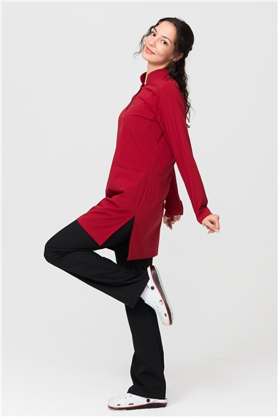 UltraLycra Harmony/Modest - Likralı Doktor Hemşire Tesettür Forma Takımı Scrubs Üniforma Cerrahi Takım, Kırmızı/Siyah