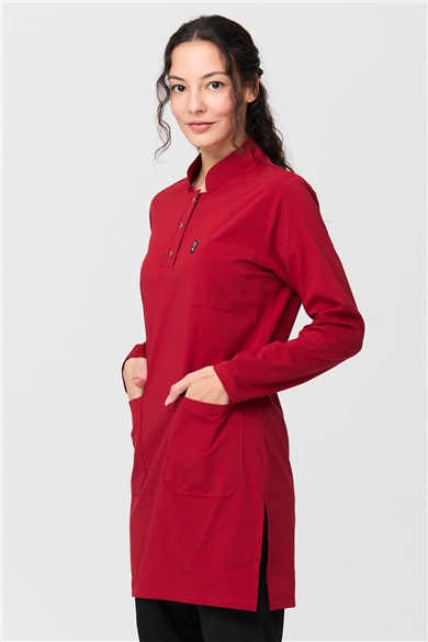 UltraLycra Harmony/Modest - Likralı Doktor Hemşire Tesettür Forma Takımı Scrubs Üniforma Cerrahi Takım, Kırmızı/Siyah