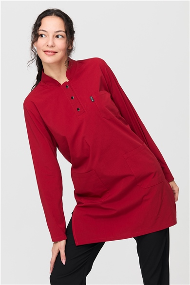 UltraLycra Harmony/Modest - Likralı Doktor Hemşire Tesettür Forma Takımı Scrubs Üniforma Cerrahi Takım, Kırmızı/Siyah