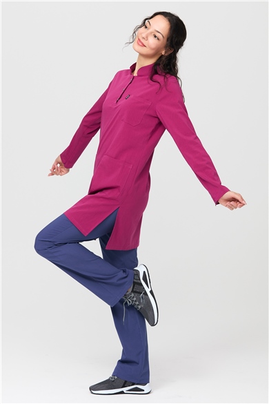 UltraLycra Harmony/Modest - Likralı Doktor Hemşire Tesettür Forma Takımı Scrubs Üniforma Cerrahi Takım, Vişne/Fırtına Mavi