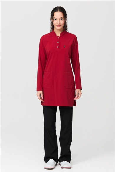 UltraLycra Harmony/Modest - Likralı Doktor Hemşire Tesettür Forma Takımı Scrubs Üniforma Cerrahi Takım, Kırmızı/Siyah