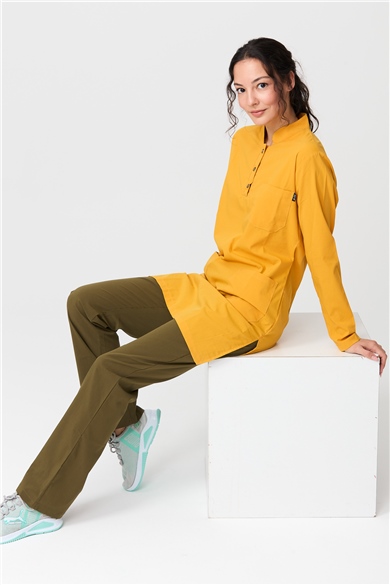 UltraLycra Harmony/Modest - Likralı Doktor Hemşire Tesettür Forma Takımı Scrubs Üniforma Cerrahi Takım, Safran/Haki