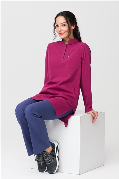 UltraLycra Harmony/Modest - Likralı Doktor Hemşire Tesettür Forma Takımı Scrubs Üniforma Cerrahi Takım, Vişne/Fırtına Mavi