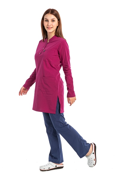 UltraLycra Harmony/Modest - Likralı Doktor Hemşire Tesettür Forma Takımı, Vişne/Fırtına Mavi