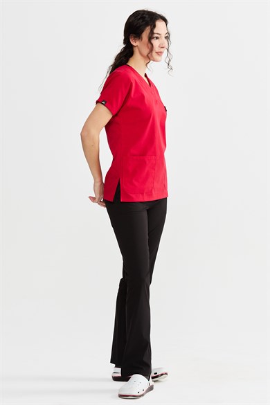 UltraLycra Harmony/Spaniard - Likralı Doktor Hemşire Forma Takımı Scrubs Üniforma Cerrahi Takım (KADIN), Kırmızı/Siyah