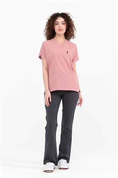 UltraLycra Harmony/Spaniard - Likralı Doktor Hemşire Forma Takımı Scrubs Üniforma Cerrahi Takım (KADIN), Bronz Pembe/Antrasit