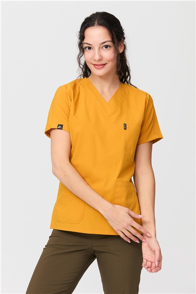 UltraLycra Harmony/Spaniard - Likralı Doktor Hemşire Forma Takımı Scrubs Üniforma Cerrahi Takım (KADIN), Safran/Haki