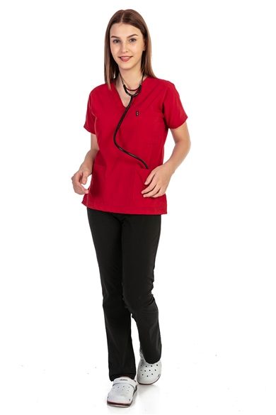 UltraLycra Harmony/Spaniard - Likralı Doktor Hemşire Forma Takımı (KADIN), Kırmızı/Siyah