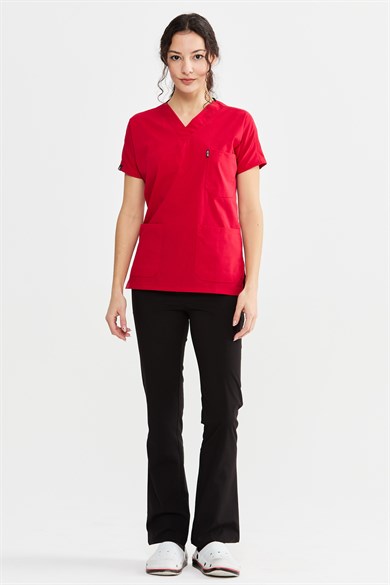 UltraLycra Harmony/Spaniard - Likralı Doktor Hemşire Forma Takımı Scrubs Üniforma Cerrahi Takım (KADIN), Kırmızı/Siyah